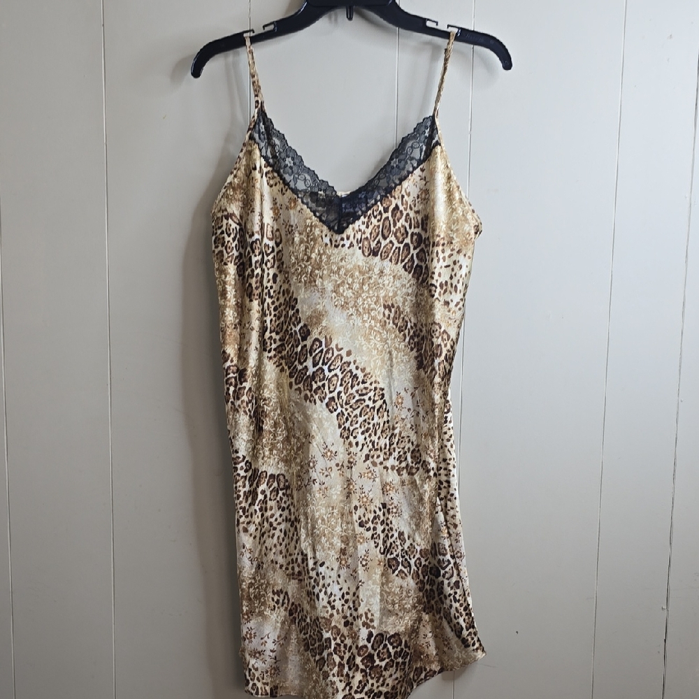 Leopard Print Satin Slip Dress with Lace Trim Large Gilligan & O'Malley